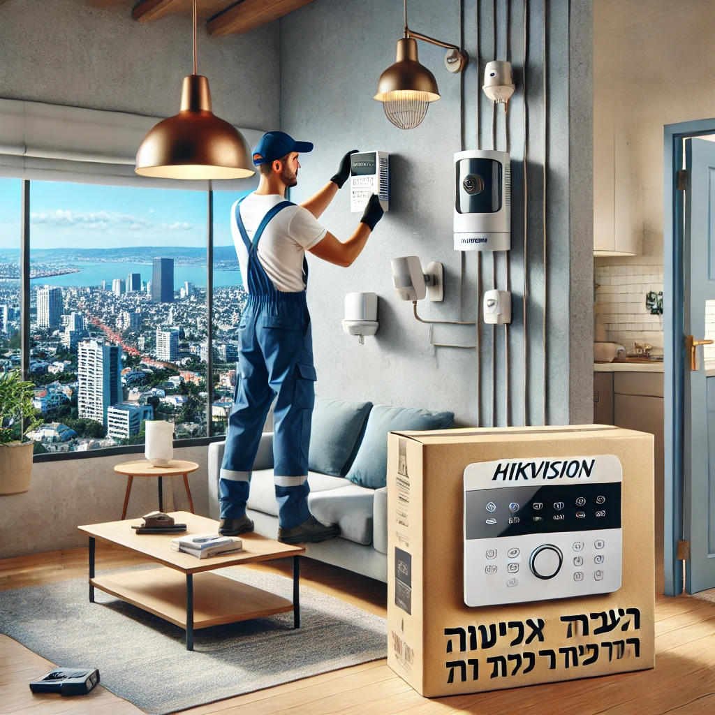 DALL·E 2025 03 05 21.38.20 An image showing a professional technician installing a Hikvision wireless alarm system at a client's site in Haifa. The scene includes a modern home