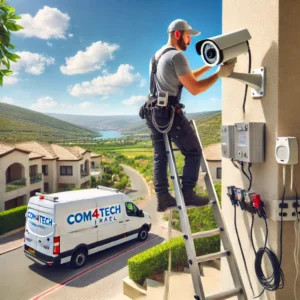 DALL·E 2024 06 24 08.34.41 An image showing the installation of security cameras in Nof HaGalil. The scene features a professional installer on a ladder, securing a security cam