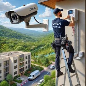 DALL·E 2024 06 24 08.37.20 An image showing the installation of security cameras in Tivon. The scene features a professional installer on a ladder, securing a security camera to