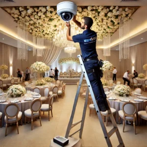 DALL·E 2024 06 24 08.41.40 An image showing the installation of security cameras in a wedding hall. The scene features a professional installer on a ladder, securing a security DALL·E 2024 06 24 08.41.40 An image showing the installation of security cameras in a wedding hall. The scene features a professional installer on a ladder, securing a security