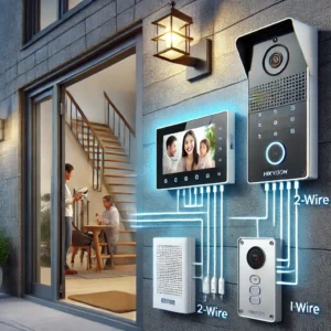 DALL·E 2024 06 24 08.43.45 An image illustrating what a Hikvision 2 wire intercom system is. The scene shows a modern residential building with an intercom panel at the entrance DALL·E 2024 06 24 08.43.45 An image illustrating what a Hikvision 2 wire intercom system is. The scene shows a modern residential building with an intercom panel at the entrance