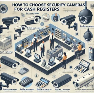 DALL·E 2024 06 24 09.11.49 An informative and visually appealing illustration on how to choose security cameras for cash registers. The image should include various types of sec