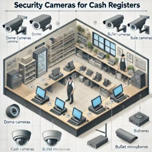 DALL·E 2024 06 24 09.12.38 An illustration showing the placement and types of security cameras specifically designed for cash registers in a retail setting. The image should inc