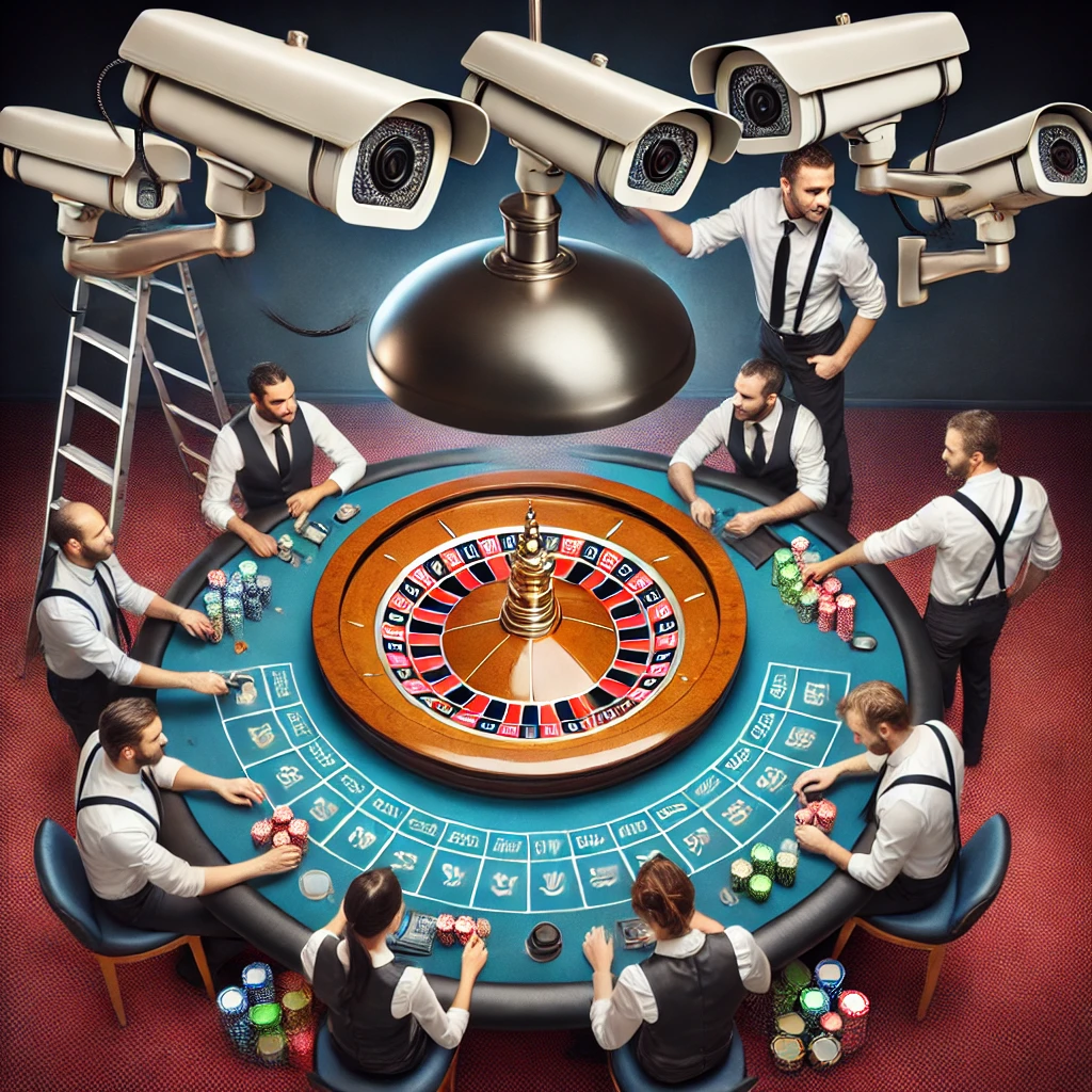 DALL·E 2025 03 14 19.10.32 A casino roulette table with security cameras being installed above and around it. Technicians are mounting the cameras strategically to monitor the s