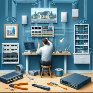 DALL·E 2024 05 08 17.41.59 Create an image depicting network cable infrastructure in homes and businesses. The image should show a technician installing and managing network cab