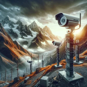 DALL·E 2024 05 09 21.57.03 Create an image of Hikvision thermal cameras installed in a mountainous area. The scene should show the cameras mounted on poles or structures, with a