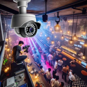 DALL·E 2024 05 12 17.15.14 A high quality image showing the installation of security cameras in a nightclub or bar setting. The scene includes a busy, dimly lit interior with pe DALL·E 2024 05 12 17.15.14 A high quality image showing the installation of security cameras in a nightclub or bar setting. The scene includes a busy, dimly lit interior with pe