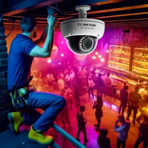 DALL·E 2024 05 12 17.20.25 A detailed image showing the installation of security cameras in a nightclub or bar setting. The scene includes a busy, dimly lit interior with people DALL·E 2024 05 12 17.20.25 A detailed image showing the installation of security cameras in a nightclub or bar setting. The scene includes a busy, dimly lit interior with people