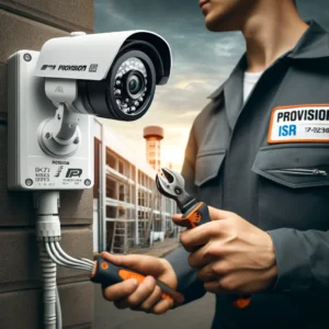 DALL·E 2024 05 12 17.24.58 A detailed image showing the installation of PTZ IP security cameras from Provision ISR in a professional setting. The scene includes a technician ins