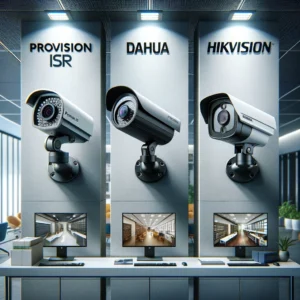 DALL·E 2024 05 13 18.24.46 A high quality comparison image showcasing security cameras from three different brands Provision ISR, Dahua, and Hikvision. The image includes three