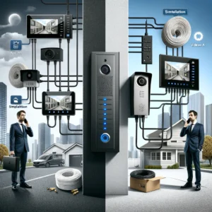 DALL·E 2024 05 15 21.59.22 A side by side comparison image showing the differences between Hikvision IP Intercom and Hikvision 2 wire Intercom systems. On the left, the Hikvisio