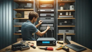 DALL·E 2024 05 16 20.31.49 A technician installing a new DVR system to replace an old one. The scene shows the technician working in a modern room with a rack of electronic equi DALL·E 2024 05 16 20.31.49 A technician installing a new DVR system to replace an old one. The scene shows the technician working in a modern room with a rack of electronic equi