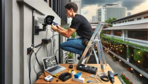 DALL·E 2024 05 16 20.41.15 A technician installing Hikvision security cameras. The scene shows the technician on a ladder, mounting a new Hikvision camera on the exterior wall o