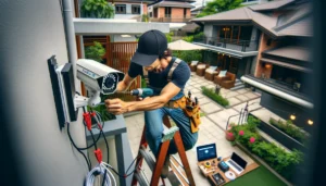 DALL·E 2024 05 16 20.42.42 A technician installing Provision ISR security cameras. The scene shows the technician on a ladder, mounting a new Provision ISR camera on the exterio