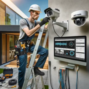 DALL·E 2024 05 17 00.02.25 A professional security camera installer setting up advanced Hikvision security cameras with analytics features. The installer is wearing a uniform wi