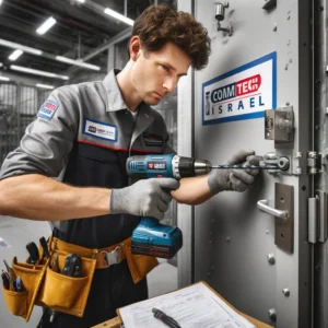DALL·E 2024 05 17 00.18.18 A professional scene of a technician installing an electromagnet on an iron door. The technician is wearing a uniform with the logo 'Com4Tech Israel'