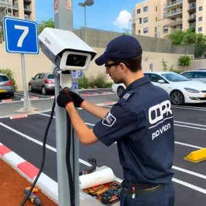DALL·E 2024 05 17 00.27.21 A professional scene of installing an LPR (License Plate Recognition) Provision camera in a parking lot. The camera is being installed by a technician
