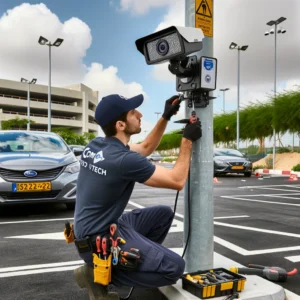 DALL·E 2024 05 17 00.29.50 A professional scene of installing an LPR (License Plate Recognition) Provision camera in a parking lot. The camera is being installed by a technician