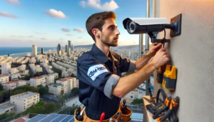 DALL·E 2024 05 18 12.20.24 A security camera technician working in Haifa, installing and adjusting security cameras on a building. The technician is wearing professional work at DALL·E 2024 05 18 12.20.24 A security camera technician working in Haifa, installing and adjusting security cameras on a building. The technician is wearing professional work at