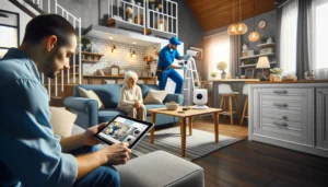 DALL·E 2024 05 18 20.51.24 A cozy home interior where an elderly person is sitting comfortably in a living room. In the background, a technician is installing security cameras. DALL·E 2024 05 18 20.51.24 A cozy home interior where an elderly person is sitting comfortably in a living room. In the background, a technician is installing security cameras.