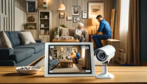 DALL·E 2024 05 18 20.54.14 A cozy home interior where an elderly person is sitting comfortably in a living room. In the background, a technician is installing security cameras. DALL·E 2024 05 18 20.54.14 A cozy home interior where an elderly person is sitting comfortably in a living room. In the background, a technician is installing security cameras.