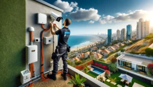 DALL·E 2024 05 20 20.41.39 A scene of a professional security camera installation in Haifa, Israel. The setting includes modern buildings, a garden area, and a technician mounti DALL·E 2024 05 20 20.41.39 A scene of a professional security camera installation in Haifa, Israel. The setting includes modern buildings, a garden area, and a technician mounti
