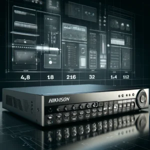 DALL·E 2024 05 28 21.11.15 A professional image showcasing Hikvision NVR recording systems with different channel capacities 4, 8, 16, 32, and 128 channels. Each system should