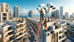 DALL·E 2024 05 31 15.04.41 Technicians installing security cameras in Herzliya. The scene shows a modern residential area with apartment buildings, and technicians are mounting