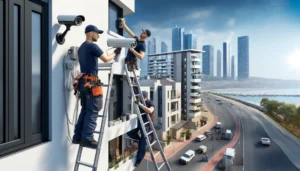 DALL·E 2024 05 31 15.06.22 Technicians installing security cameras in Herzliya. The scene shows a modern residential area with apartment buildings, and technicians are mounting