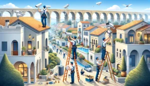 DALL·E 2024 05 31 15.09.30 Technicians installing security cameras in Caesarea. The scene shows a luxurious residential area with upscale houses, and technicians are mounting se DALL·E 2024 05 31 15.09.30 Technicians installing security cameras in Caesarea. The scene shows a luxurious residential area with upscale houses, and technicians are mounting se