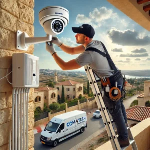 DALL·E 2024 06 24 08.45.26 An image showing an alarm and security camera system installer working in Caesarea. The installer is on a ladder, securing a security camera to the ex DALL·E 2024 06 24 08.45.26 An image showing an alarm and security camera system installer working in Caesarea. The installer is on a ladder, securing a security camera to the ex