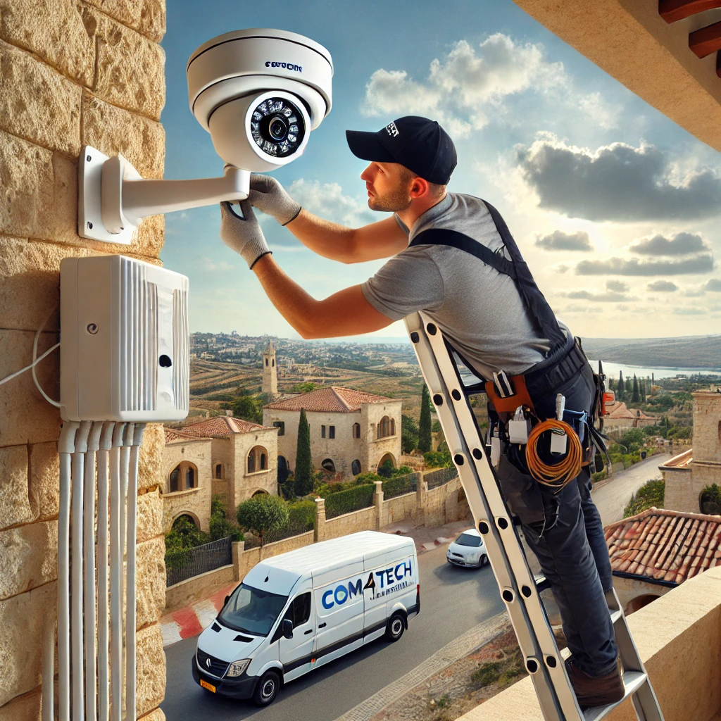 DALL·E 2024 06 24 08.45.26 An image showing an alarm and security camera system installer working in Caesarea. The installer is on a ladder, securing a security camera to the ex