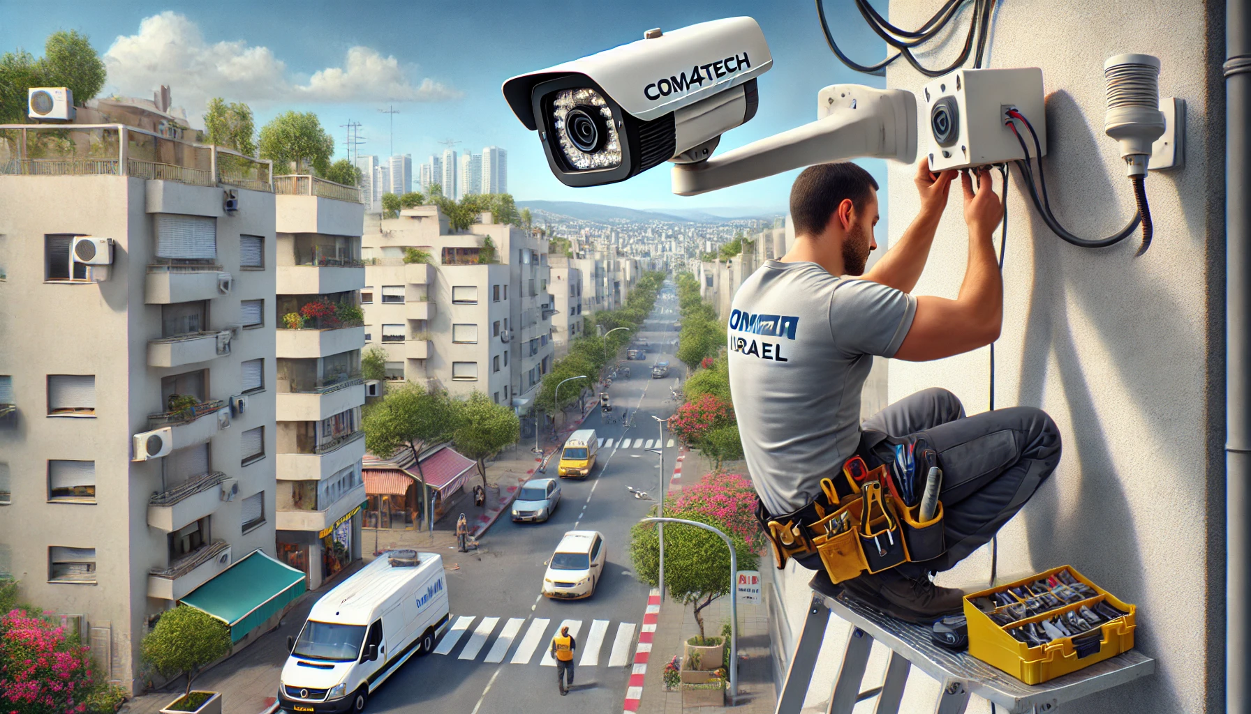 DALL·E 2024 07 02 20.11.59 A detailed image of installing security cameras in Kiryat Bialik. The scene includes a professional installer setting up a security camera on a buildi