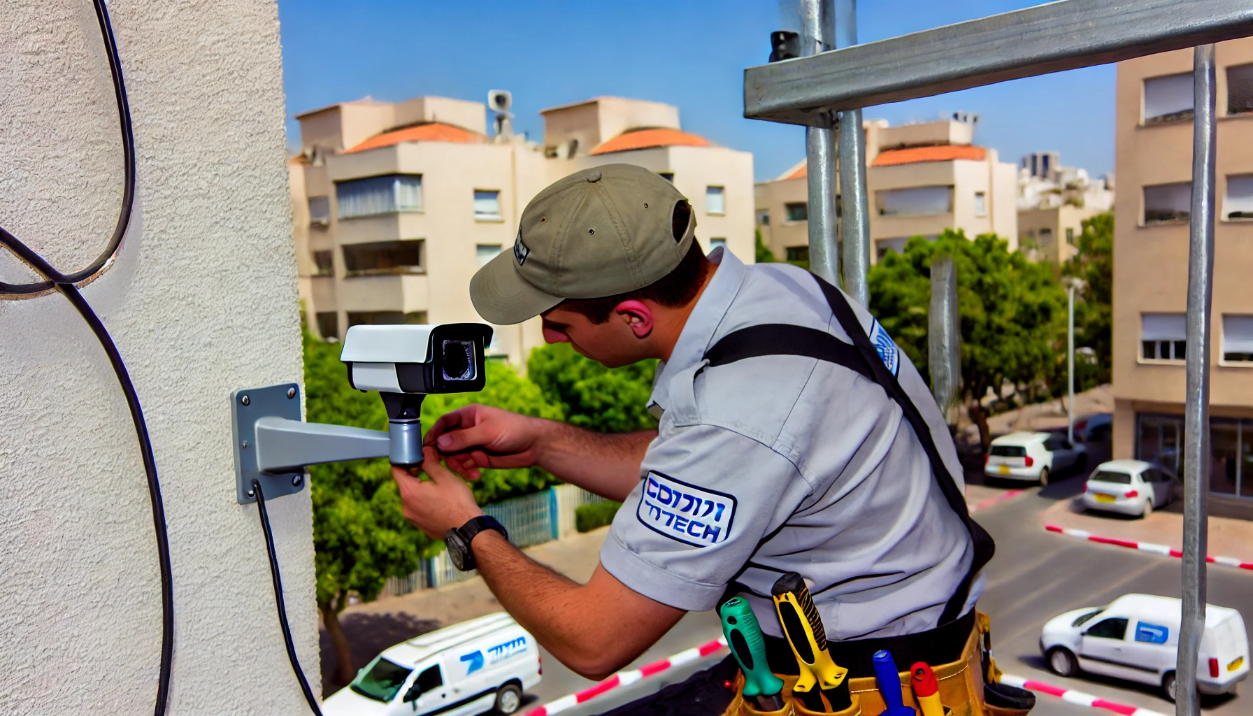 DALL·E 2024 07 02 20.17.02 A detailed image of installing security cameras in Ramat Yishai. The scene includes a professional installer setting up a security camera on a buildin