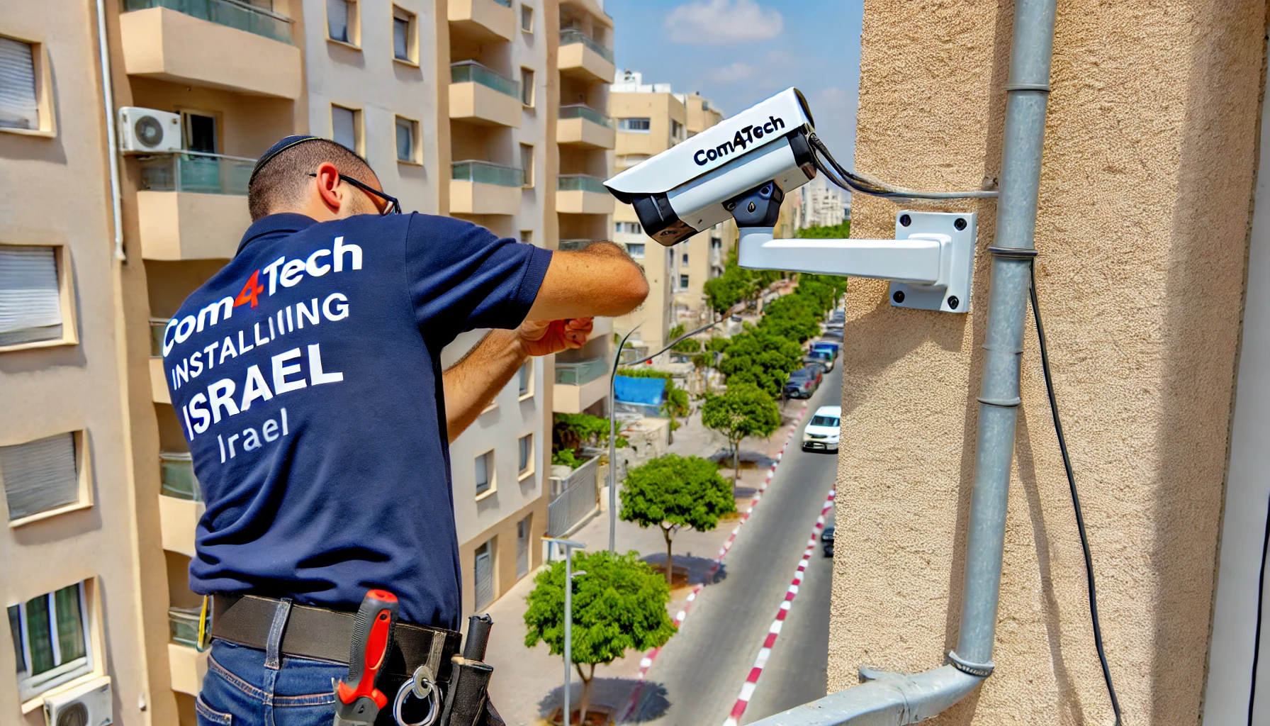 DALL·E 2024 07 02 20.17.04 A detailed image of installing security cameras in Ramat Yishai. The scene includes a professional installer setting up a security camera on a buildin