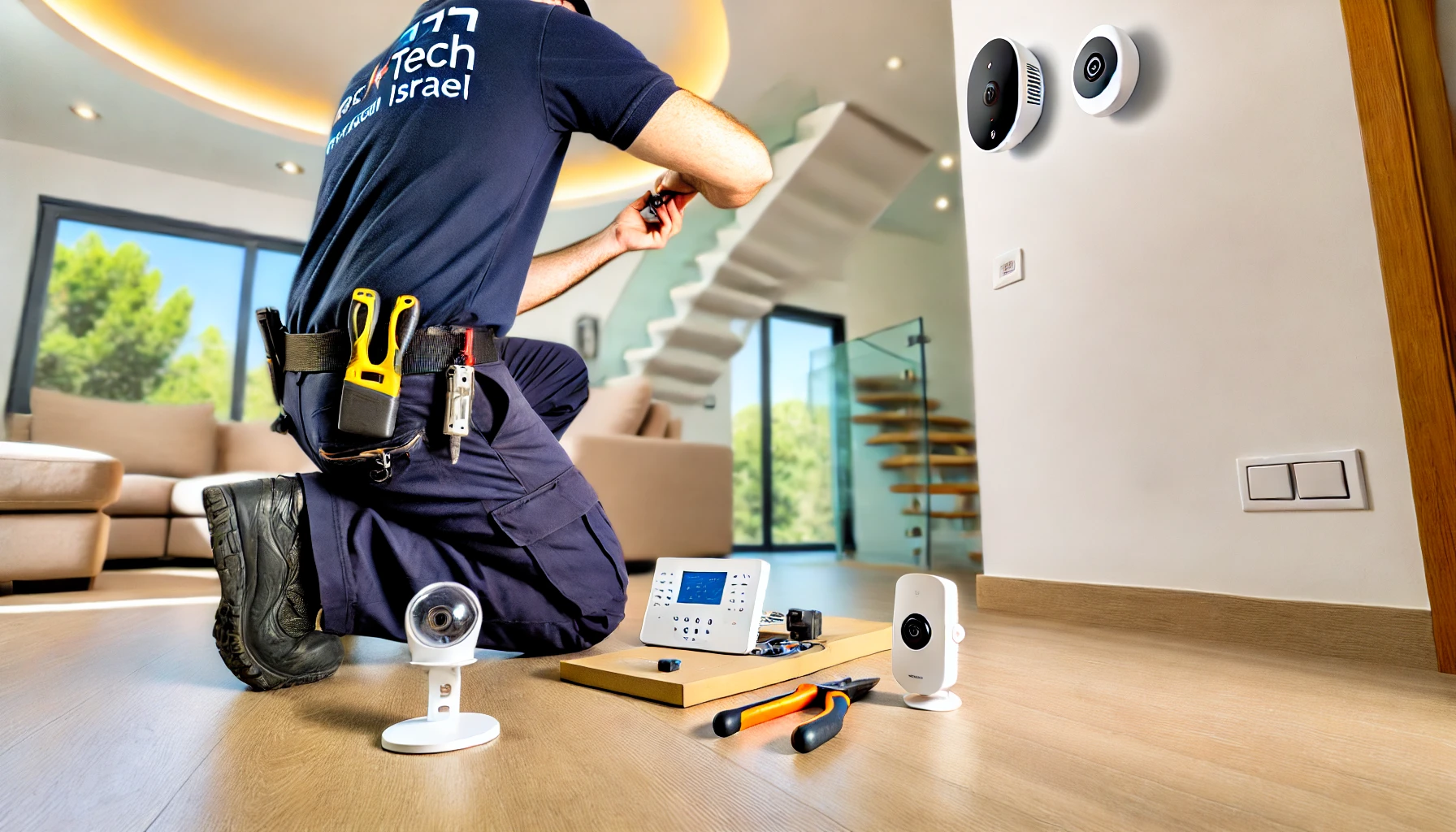 DALL·E 2024 07 02 20.32.42 A detailed image showcasing the installation of a wireless alarm system to enhance security. The scene includes a professional installer setting up a