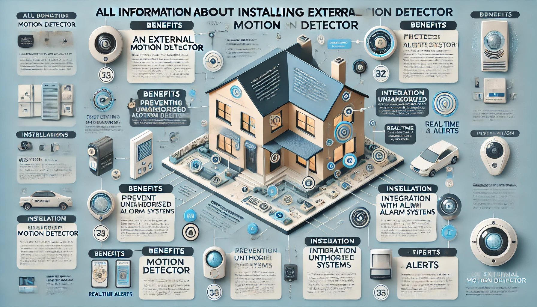 DALL·E 2024 07 02 20.44.48 A detailed infographic image titled 'All Information About Installing an External Motion Detector.' The infographic includes sections explaining the b