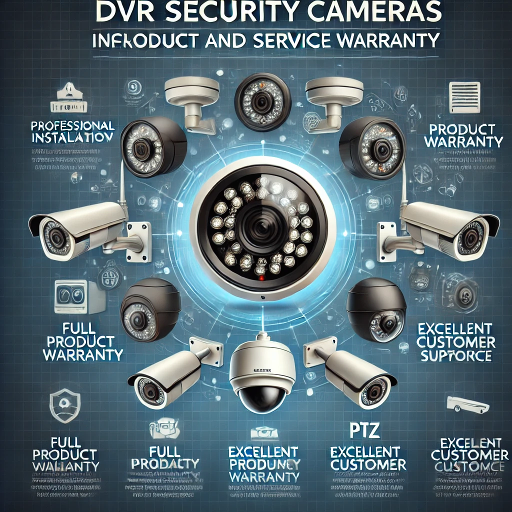 DALL·E 2024 07 03 17.39.10 Create an image promoting 'DVR Security Cameras including Installation Product and Service Warranty'. The image should feature various types of DVR DALL·E 2024 07 03 17.39.10 Create an image promoting 'DVR Security Cameras including Installation Product and Service Warranty'. The image should feature various types of DVR