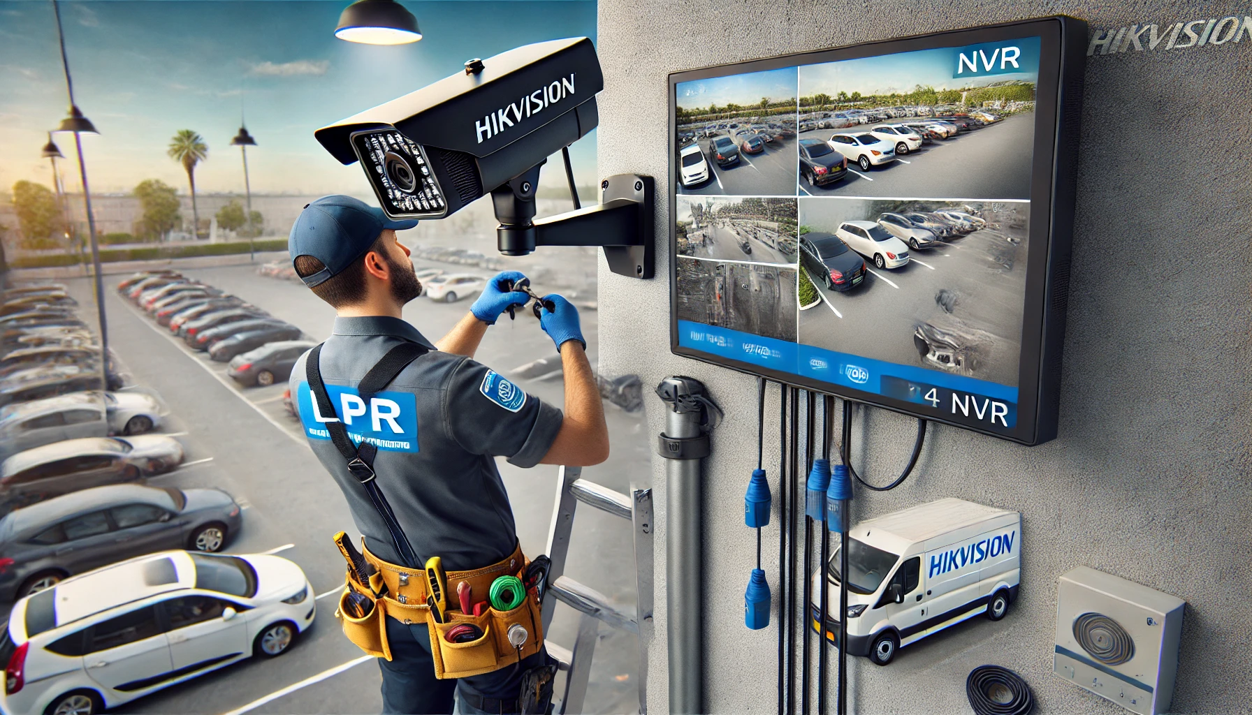 DALL·E 2024 07 07 14.04.51 A detailed image showcasing the installation of HIKVISION LPR (License Plate Recognition) cameras with an NVR (Network Video Recorder) system. The sce DALL·E 2024 07 07 14.04.51 A detailed image showcasing the installation of HIKVISION LPR (License Plate Recognition) cameras with an NVR (Network Video Recorder) system. The sce