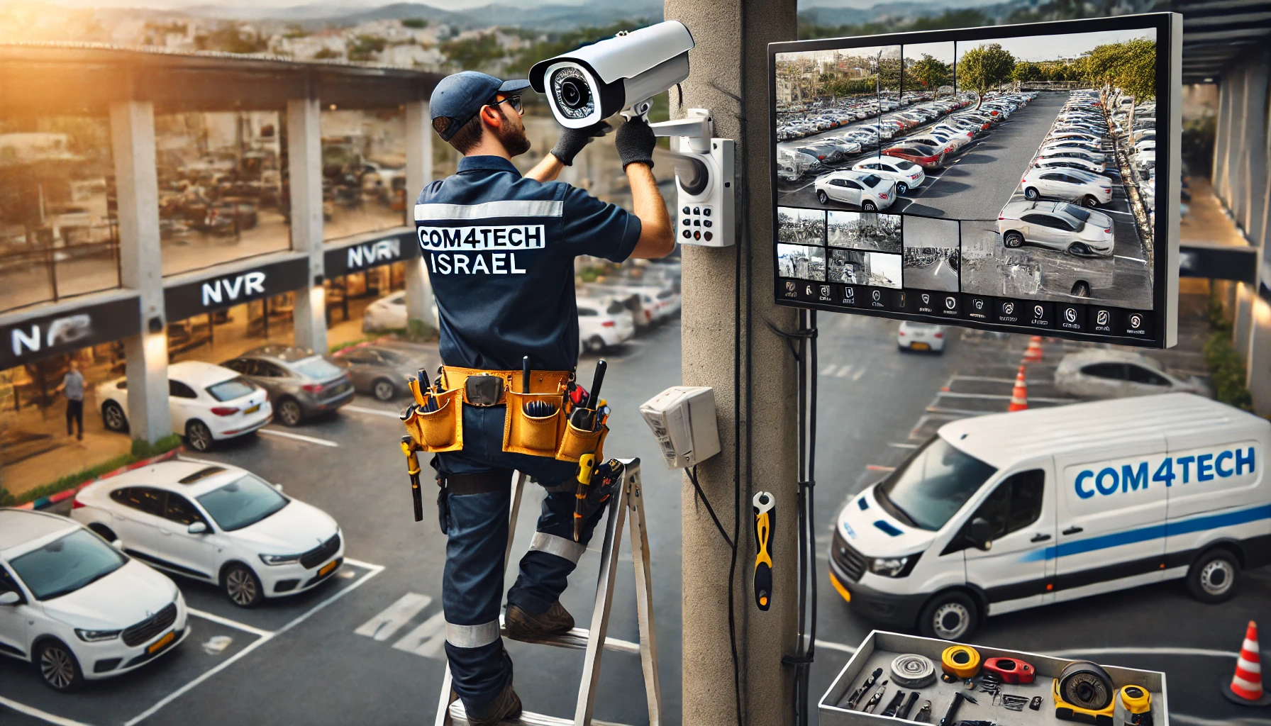 DALL·E 2024 07 07 14.22.31 A detailed image showcasing the installation of security cameras in a parking lot. The scene includes a professional installer setting up a security c