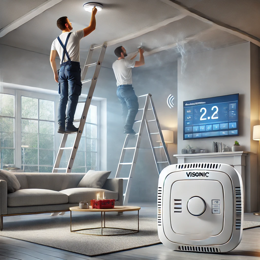 DALL·E 2024 07 07 15.35.47 An image illustrating the installation of a Visonic wireless smoke detector for an alarm system. The scene shows a modern living room with a smoke det DALL·E 2024 07 07 15.35.47 An image illustrating the installation of a Visonic wireless smoke detector for an alarm system. The scene shows a modern living room with a smoke det