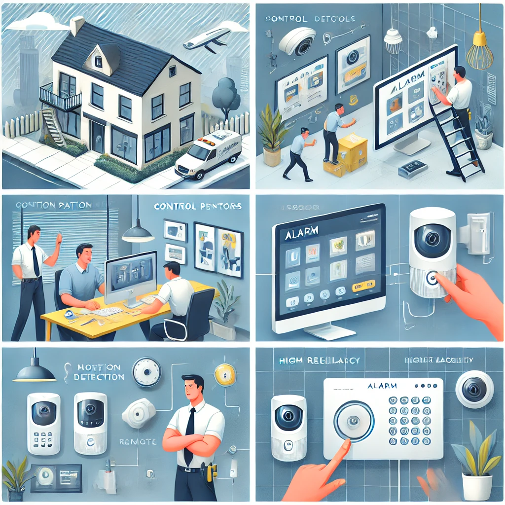 DALL·E 2024 07 07 15.40.38 Create an illustration showcasing the installation of alarm systems in businesses and private homes. Display the alarm control panels, sensors, and ca