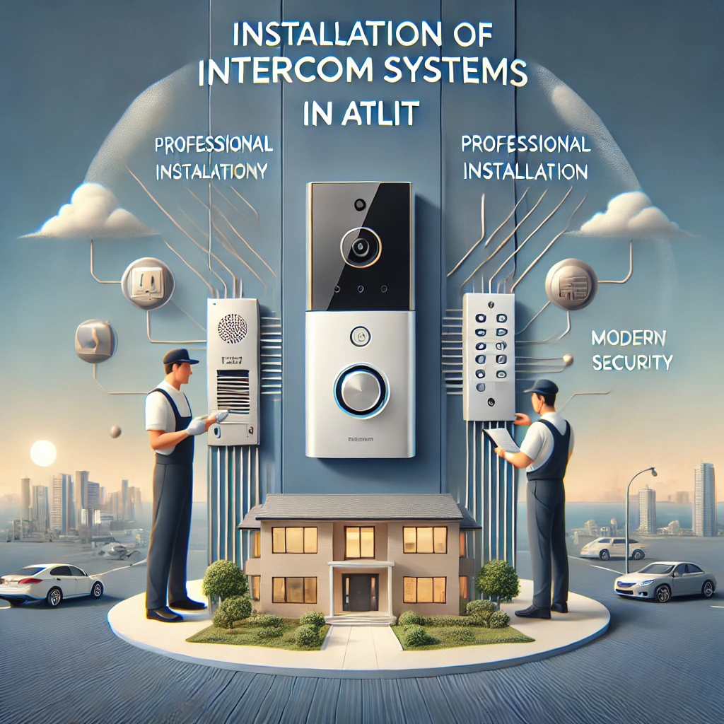 DALL·E 2024 07 07 16.04.54 Create an image promoting the installation of intercom systems in Atlit. The image should feature a modern intercom system, such as the MEGA CITY50, b