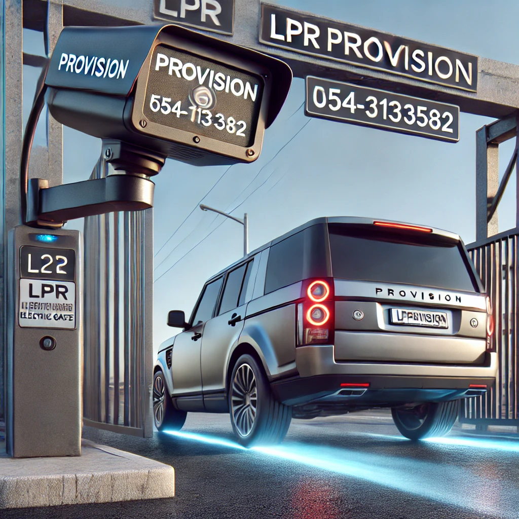 DALL·E 2024 07 09 21.11.37 A high quality image showcasing the use of LPR (License Plate Recognition) cameras by Provision ISR for opening electric gates. The image should featu
