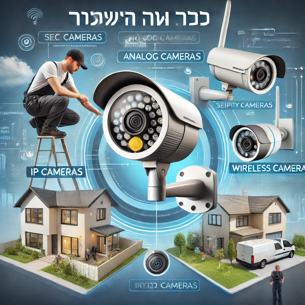 DALL·E 2024 07 09 21.35.36 An image showing the recommendation for installing security cameras. The image includes different types of security cameras (IP cameras, analog camera