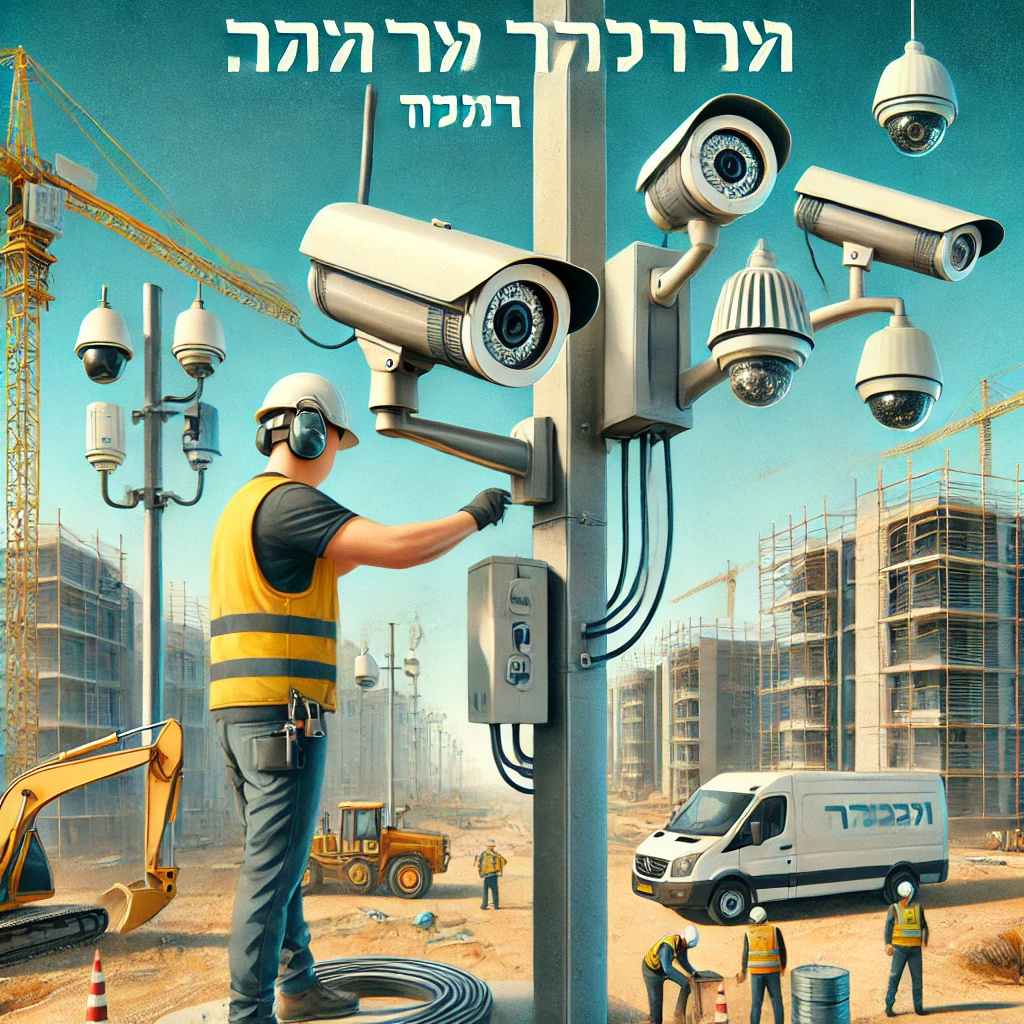 DALL·E 2024 07 09 21.41.03 An image depicting the installation of security cameras at a construction site for remote monitoring. The image shows a construction site with various