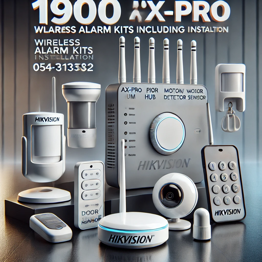DALL·E 2024 07 13 10.26.59 A promotional image for wireless alarm kits from HIKVISION, featuring a sleek and modern design. The image includes various components of the kit such