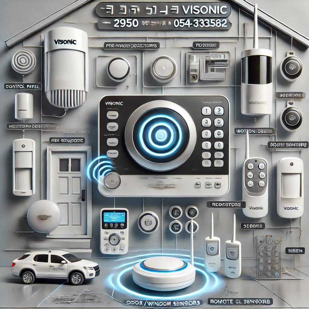 DALL·E 2024 07 13 10.40.39 A promotional image for installing wireless alarm systems from Visonic. The image should feature key components like the Visonic control panel, PIR mo