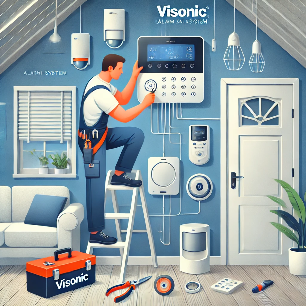 DALL·E 2024 08 12 08.20.56 Create an image illustrating 'Visonic Alarm System Installation'. The scene should depict a professional technician installing a Visonic alarm system DALL·E 2024 08 12 08.20.56 Create an image illustrating 'Visonic Alarm System Installation'. The scene should depict a professional technician installing a Visonic alarm system