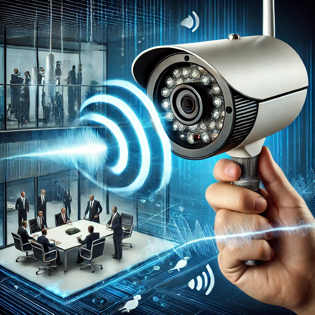 DALL·E 2024 09 22 19.36.47 A detailed illustration showing the benefits of installing security cameras with microphones. The scene shows a modern security camera with a built in